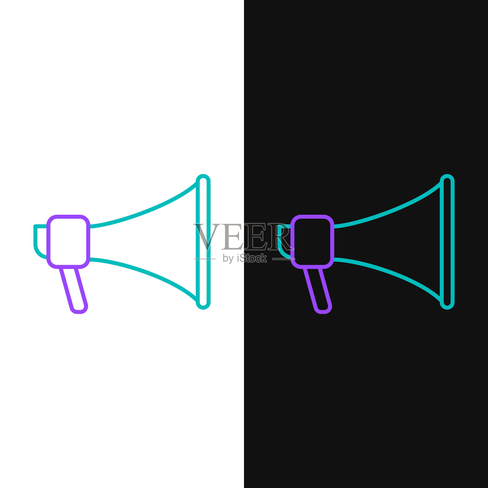 绿色和紫色线扩音器图标孤立在白色和黑色背景。演讲者的迹象。矢量图插画图片素材