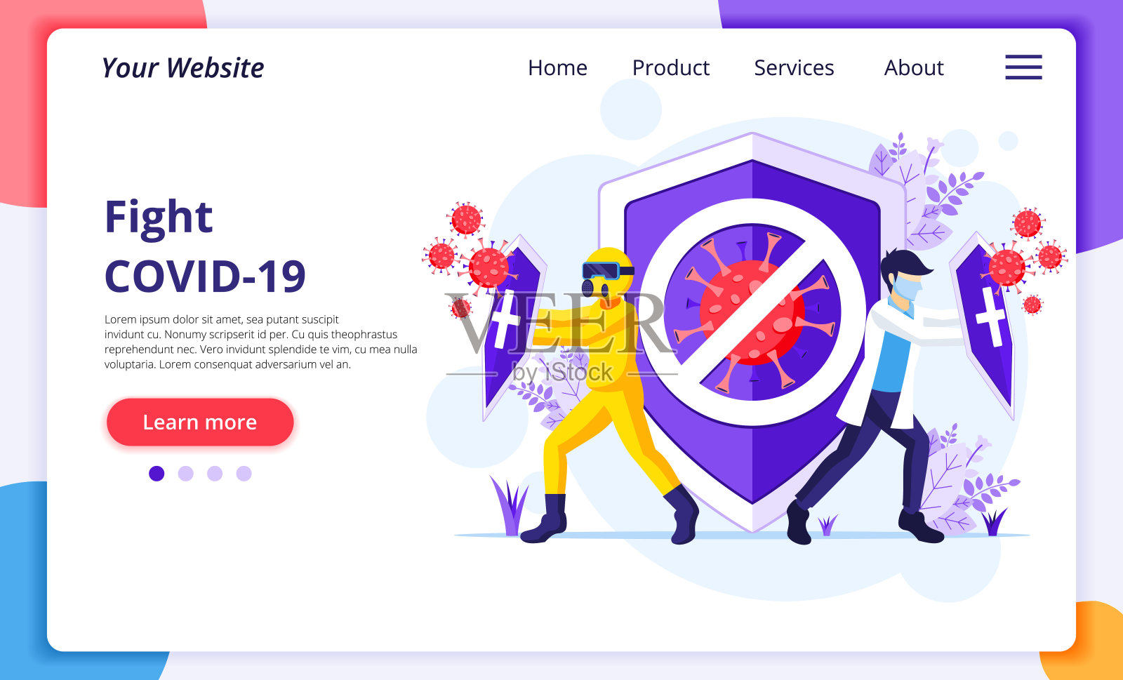抗击病毒的概念，医生和护士抗击2019冠状病毒病。现代平面网页登陆页面设计模板。矢量图插画图片素材