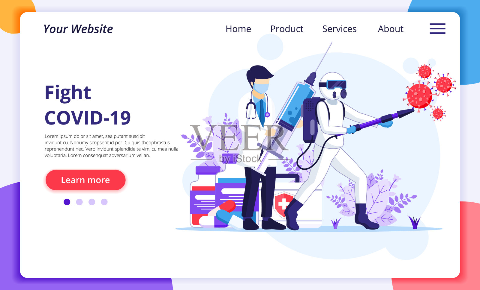 概念:医生和护士使用武器抗击Covid-19冠状病毒。现代平面网页登陆页面设计模板。矢量图插画图片素材
