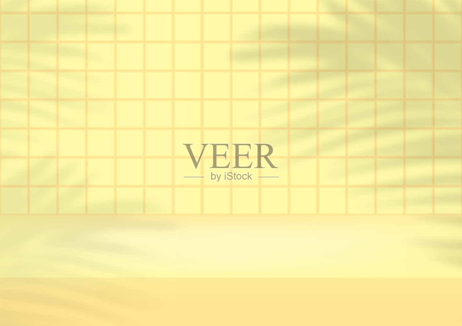 空工作室黄色瓷砖背景与棕榈叶产品展示。展厅拍摄呈现。横幅背景为广告产品。插画图片素材