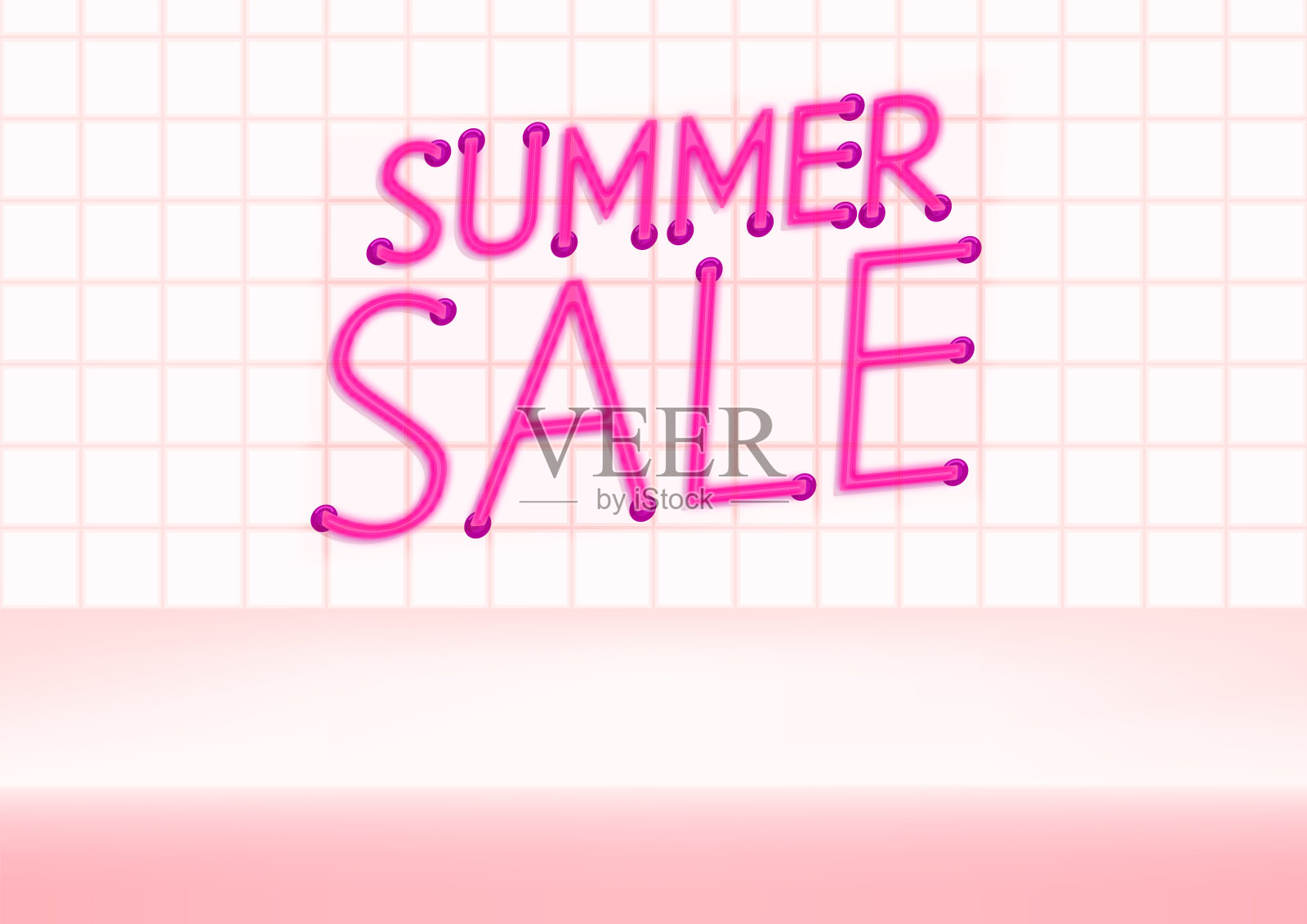 白色瓷砖背景上的粉色霓虹灯大写字母夏季促销标志设计元素图片
