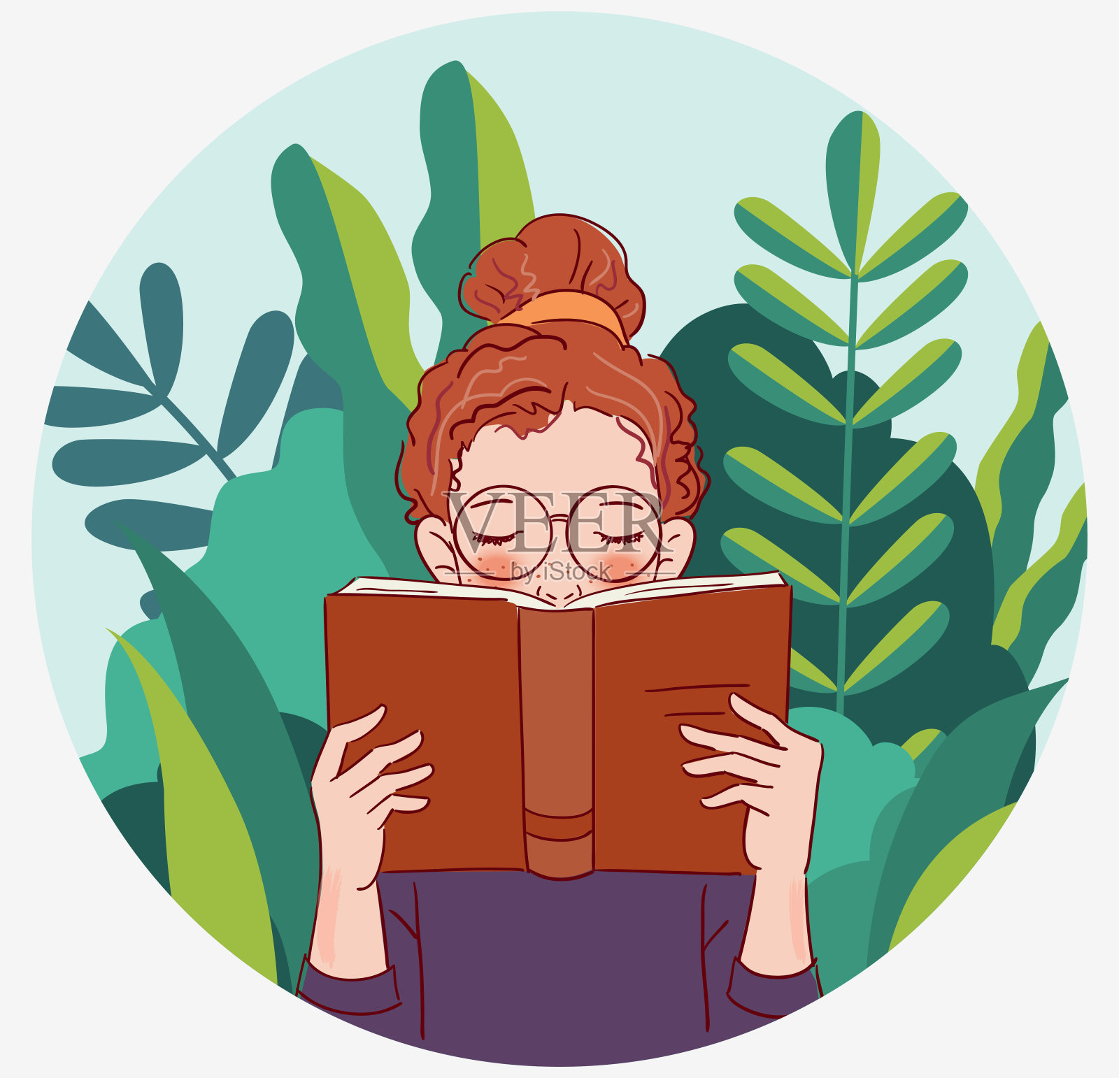 可爱的年轻女子在花园里看书。自然景观背景。暑假插图。休假时间插画图片素材