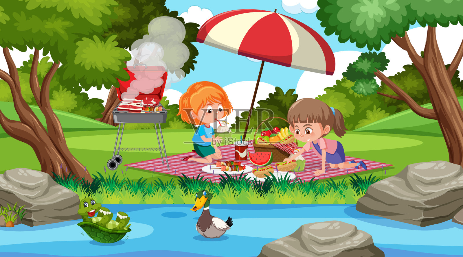 两个女孩在公园吃饭的场景插画图片素材