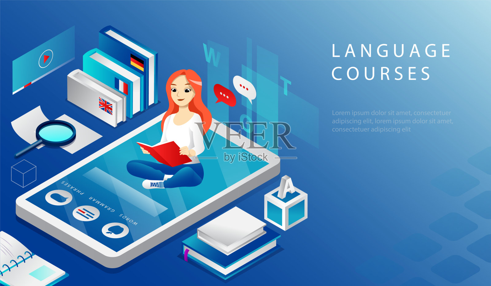 在线远程教育语言课程的三维等距概念。网站登录页面。年轻开朗的女孩正坐在大智能手机上阅读课本。网页卡通矢量插图插画图片素材