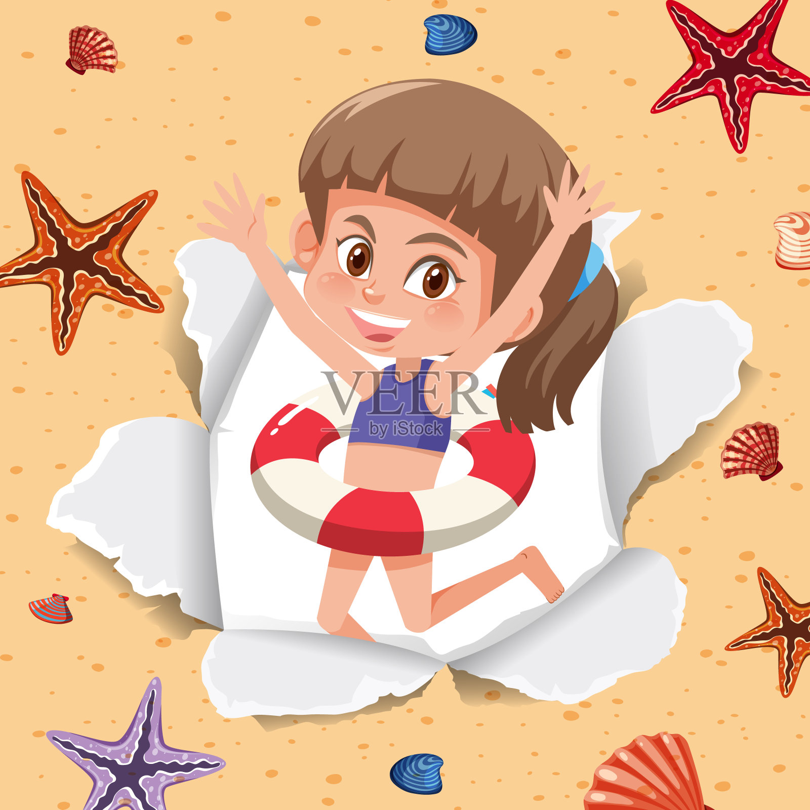 背景模板设计与快乐的女孩在海滩上插画图片素材