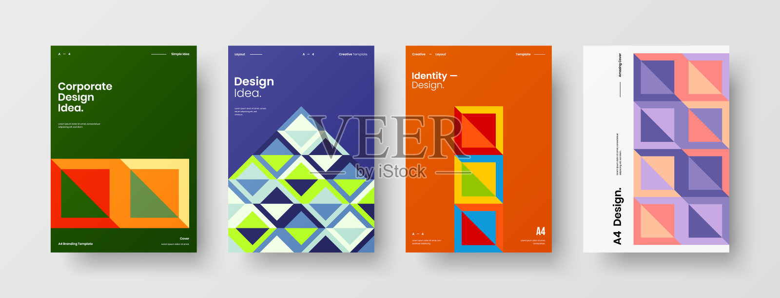 公司标识手册模板收集。业务表示向量A4垂直方向首页模拟设置。公司报告封面抽象几何插图设计布局捆绑。设计模板素材