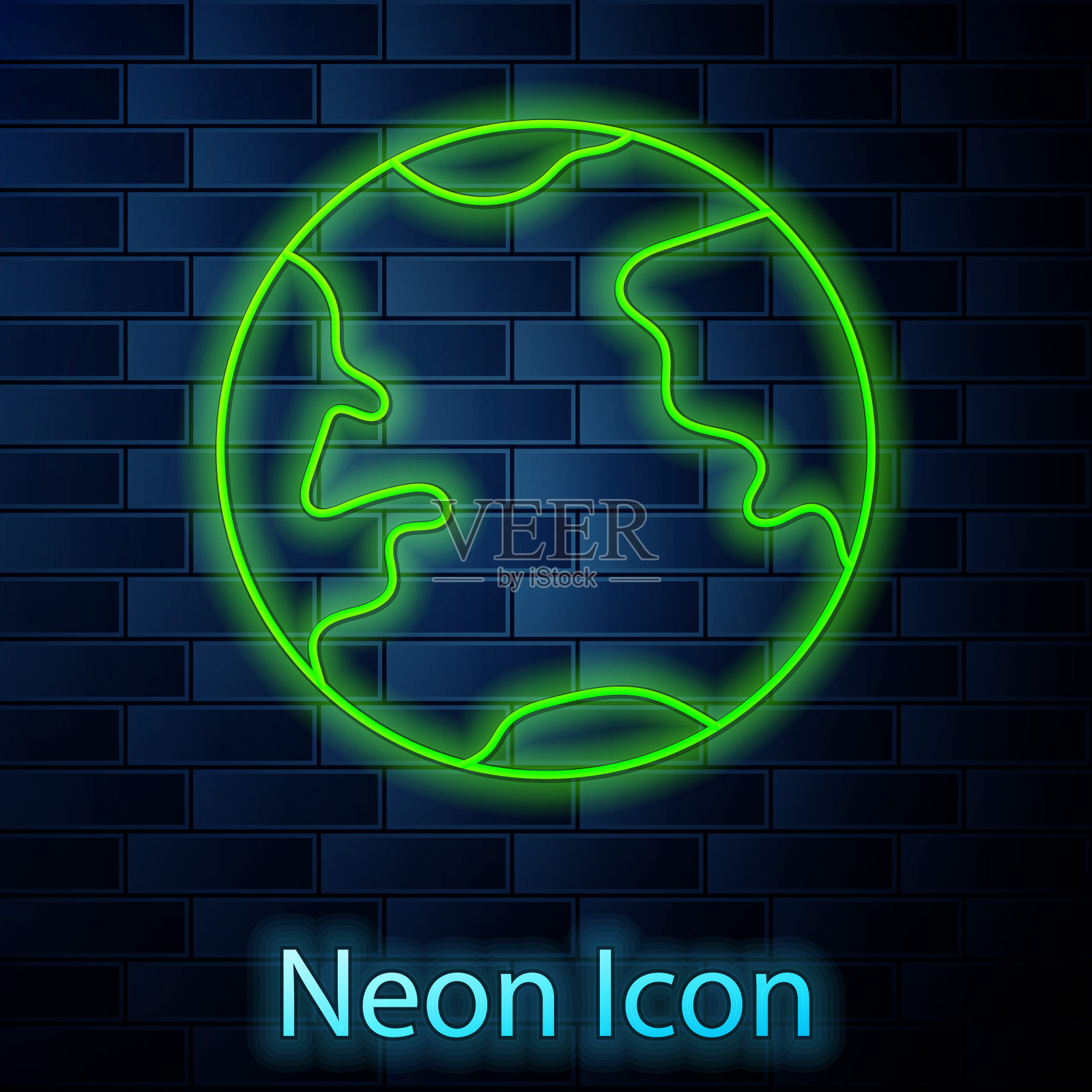 发光的霓虹灯线地球图标孤立在砖墙的背景。世界或土相星座。全球互联网的象征。几何形状。矢量图插画图片素材