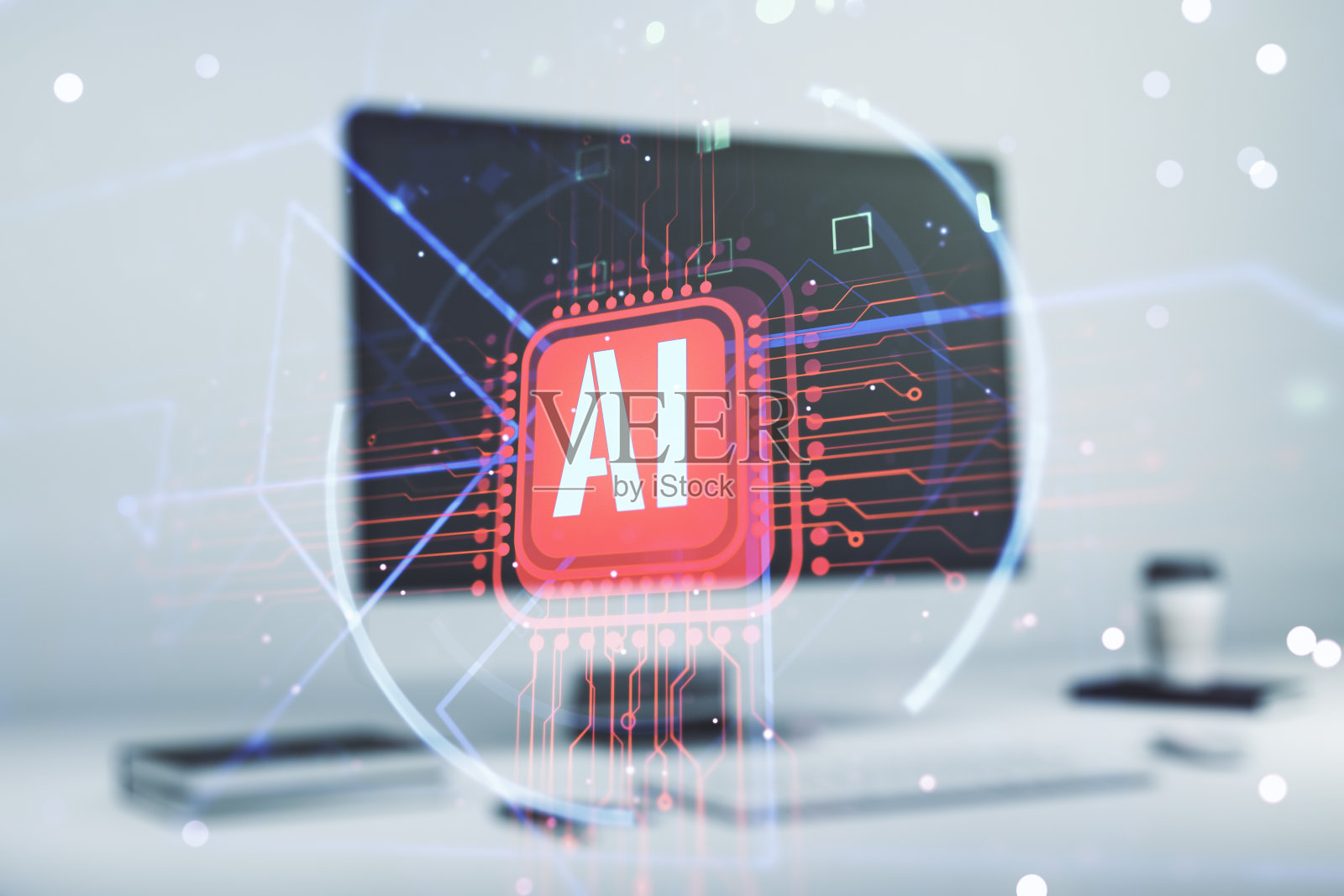 以计算机为背景的创造性人工智能缩写的双重曝光。未来技术和人工智能概念照片摄影图片