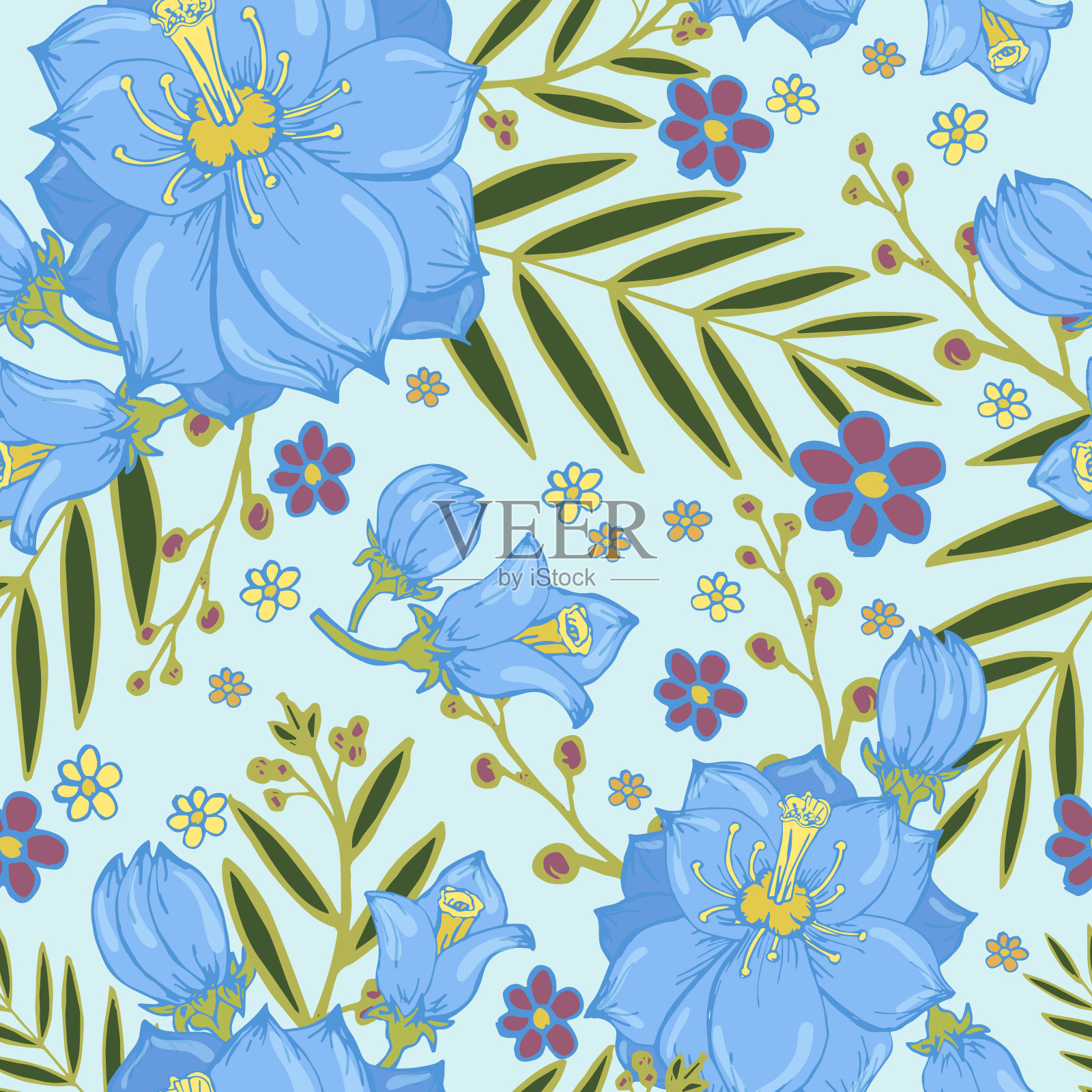 无缝图案与手绘花和叶。色彩斑斓的奇特花卉纹理适用于纺织、织物、纸张。插画图片素材