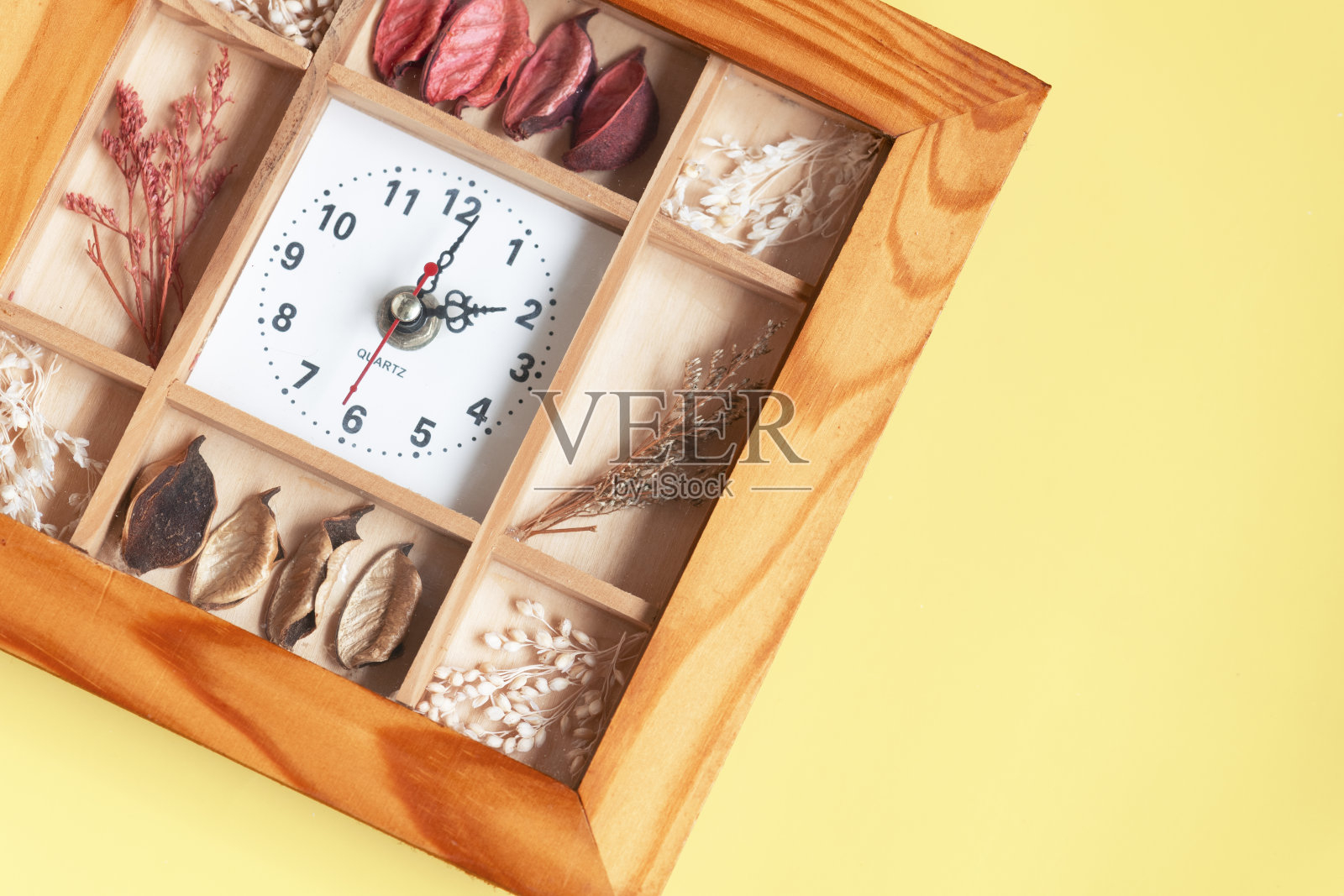 黄色背景上的木制挂钟。照片摄影图片