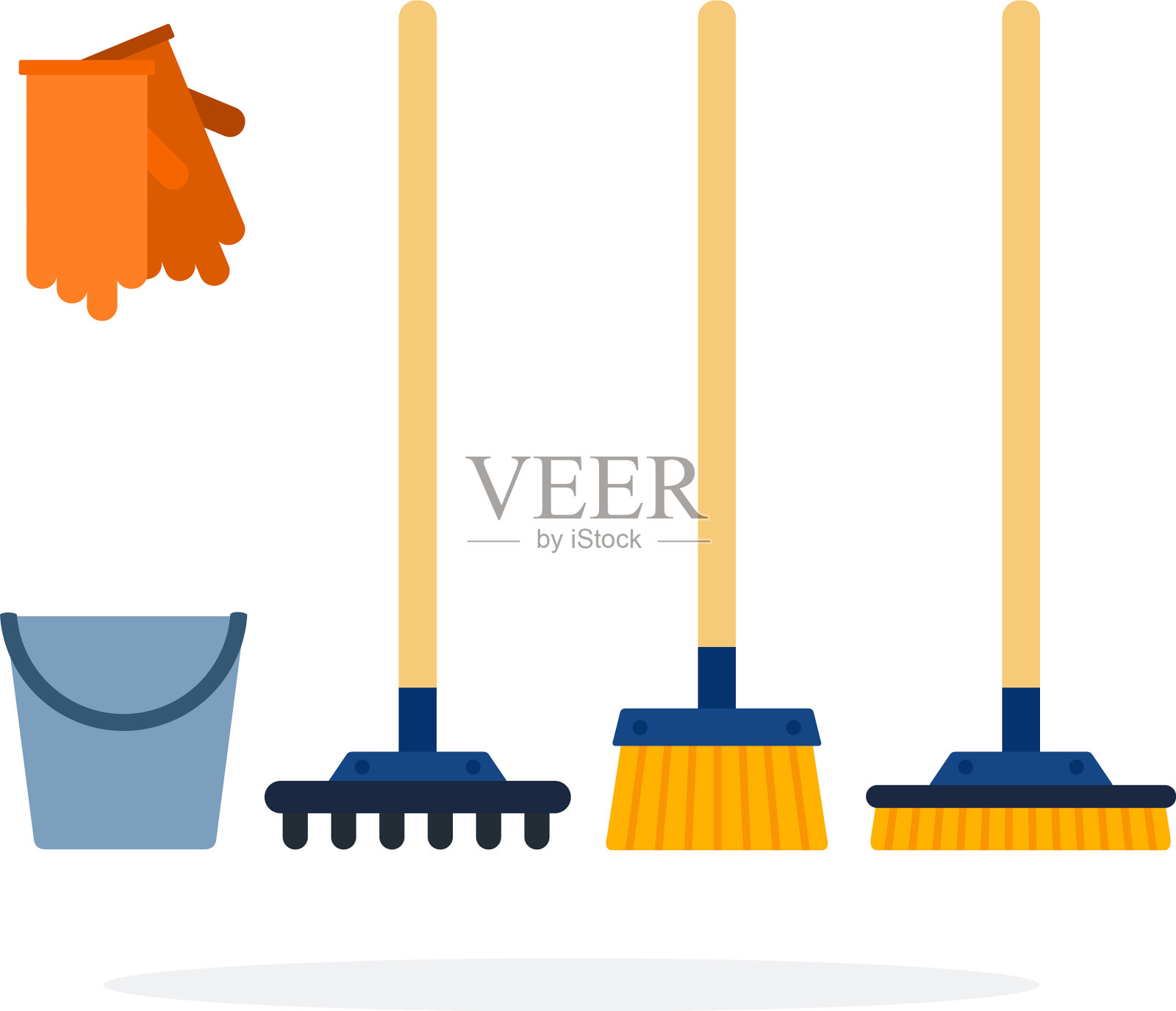 铲斗手套，耙子和刷子清洁平面插画图片素材