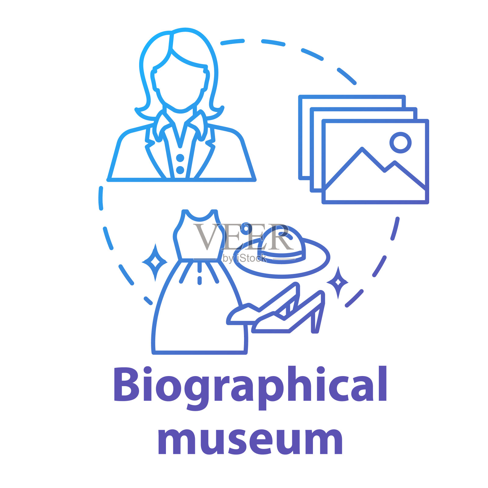 传记博物馆概念图标。文化材料博览会。衣物及物品陈列。名人历史展构思细线插图。矢量孤立轮廓图插画图片素材