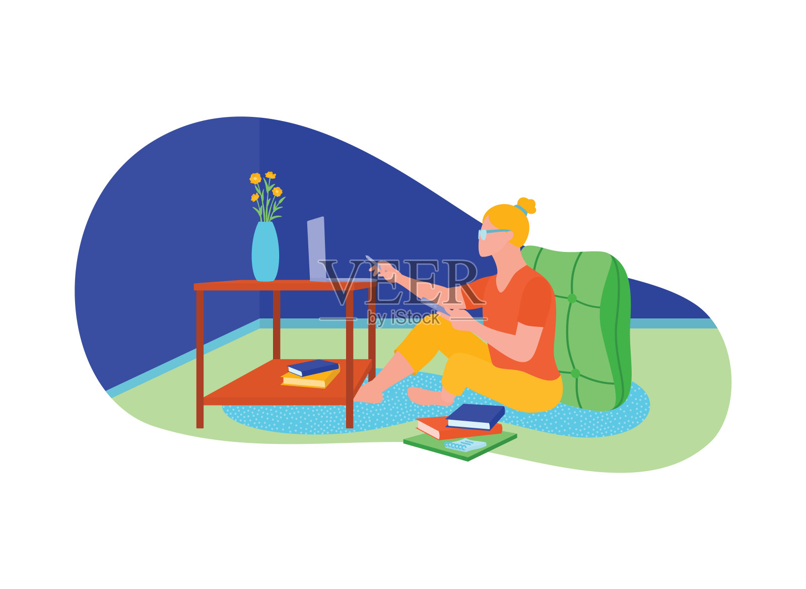 用笔记本电脑远程工作的女商人。家庭办公室室内。女学生的学习。自由职业者使用电脑插画图片素材