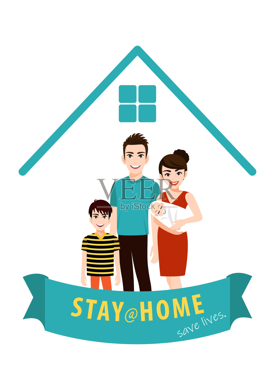 卡通人物与呆在家横幅模板。家人站在家里。检疫隔离或时期。卫生保健的概念。对感染冠状病毒的恐惧。时髦的平面矢量插图450[转换]插画图片素材