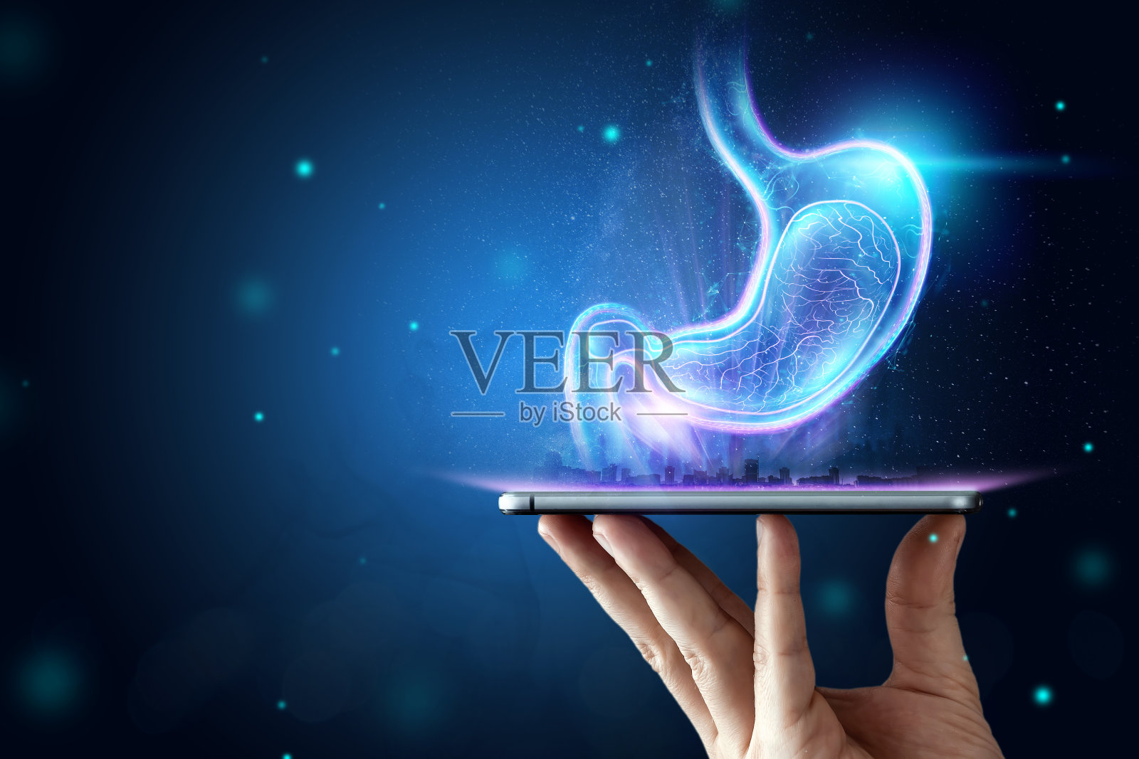 胃全息图，内窥镜检查。消化道和胃部疾病的概念。混合介质，拷贝空间。照片摄影图片