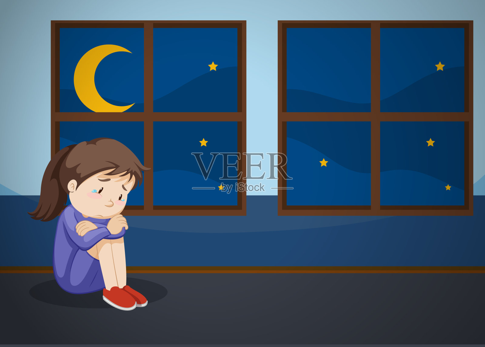 一个伤心的女孩在房间里哭的场景插画图片素材