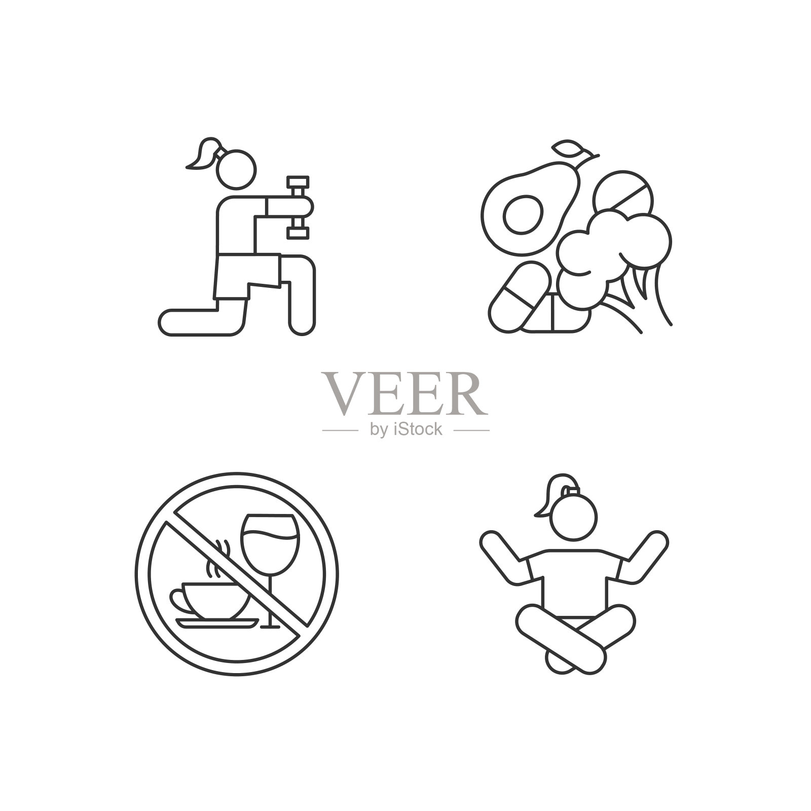 医疗保健线性图标集。锻炼。维生素的摄入量。拒绝酒精和咖啡因冥想。细线等高线符号。孤立矢量大纲插图。可编辑的中风。完美的像素插画图片素材