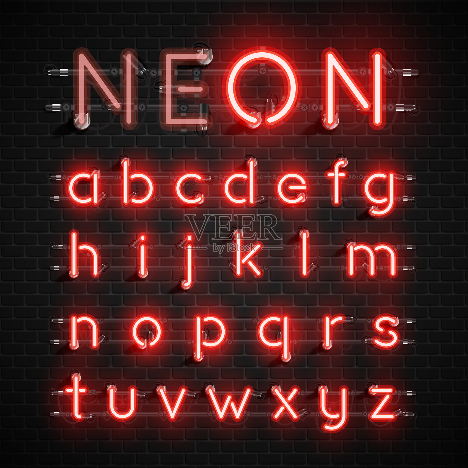 高详细霓虹灯字体集，矢量插图插画图片素材