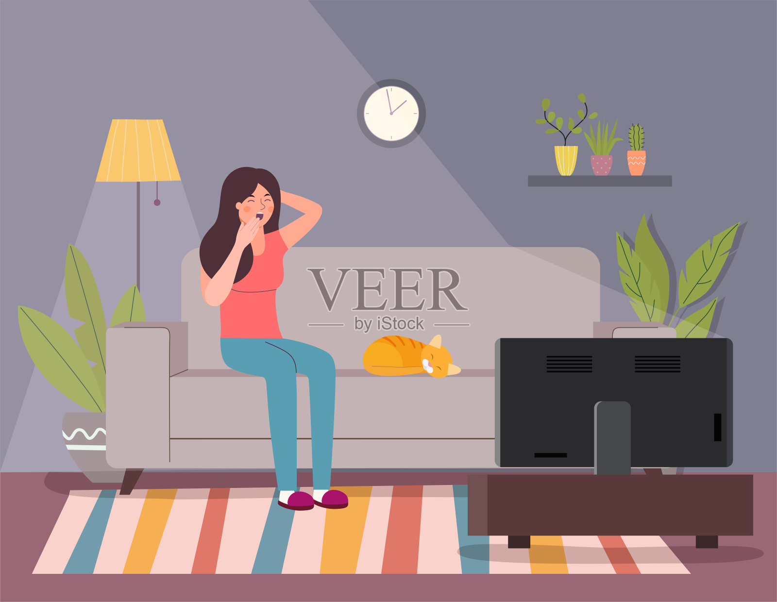 女人在沙发上打哈欠看电视。矢量平面风格的插图。插画图片素材