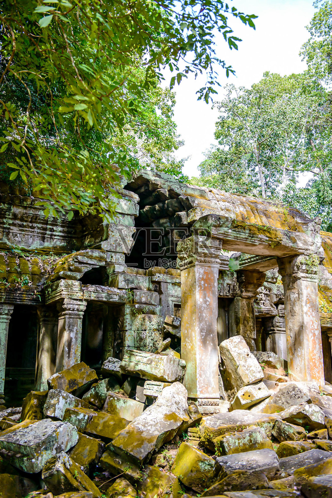 柬埔寨。吴哥窟。室内设施。人行道。内心的寺庙。环境和废墟。古代和历史。古树及其巨大的根。照片摄影图片