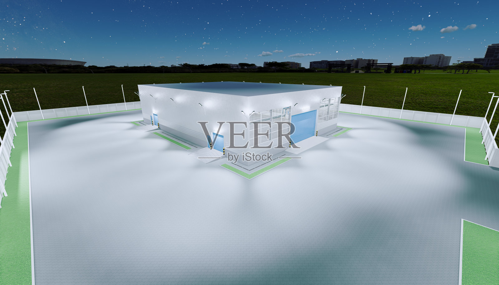 3d渲染机库建筑外部和卷帘门和铺砖地板在晚上的时间。照片摄影图片