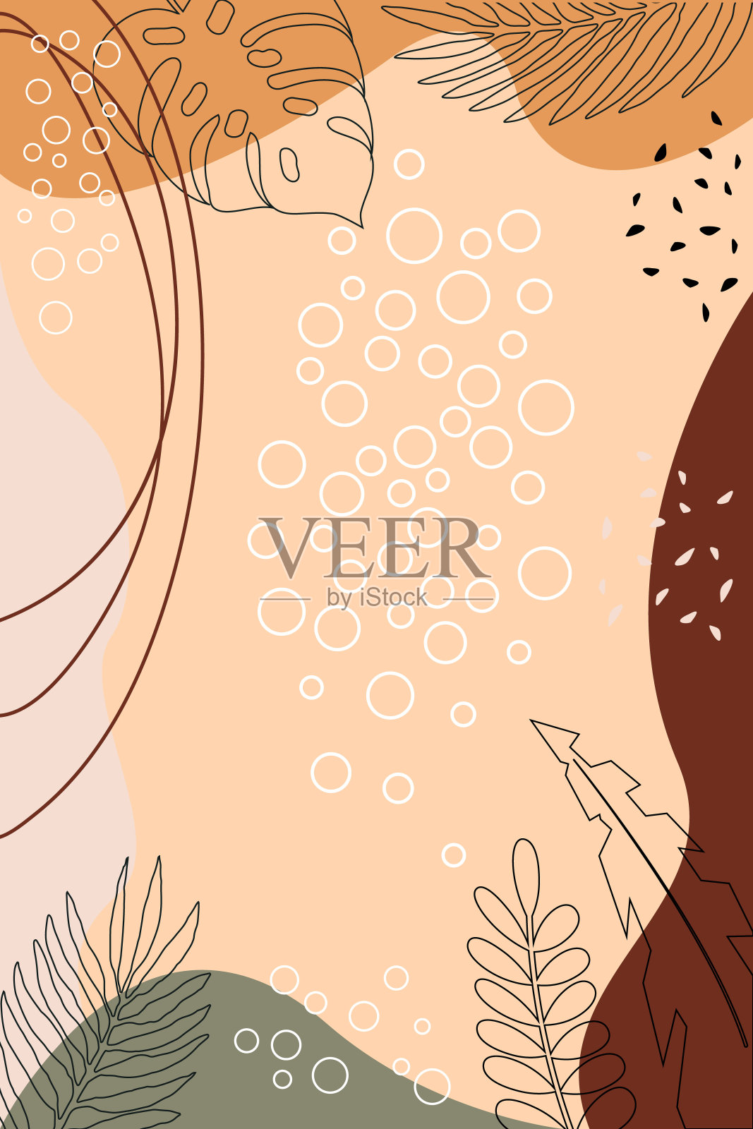 设计模板与地方的文本，流动的暖色形状，热带棕榈叶的轮廓在一个简单的现代风格。背景和框架的社会媒体壁纸，文具，卡片插画图片素材