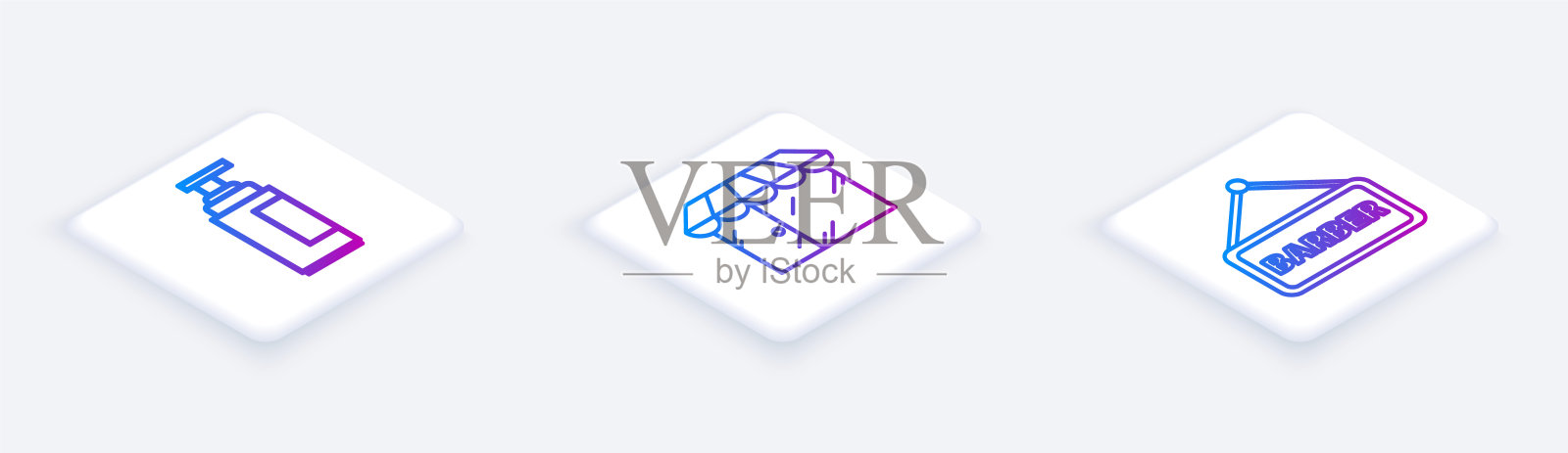 设置等距线霜或洗液化妆品管，理发店大楼和理发店。白色正方形按钮。向量插画图片素材