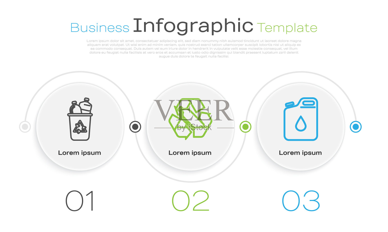 设置有回收标志的回收箱，可回收塑料瓶和汽油罐。业务信息模板。向量设计模板素材