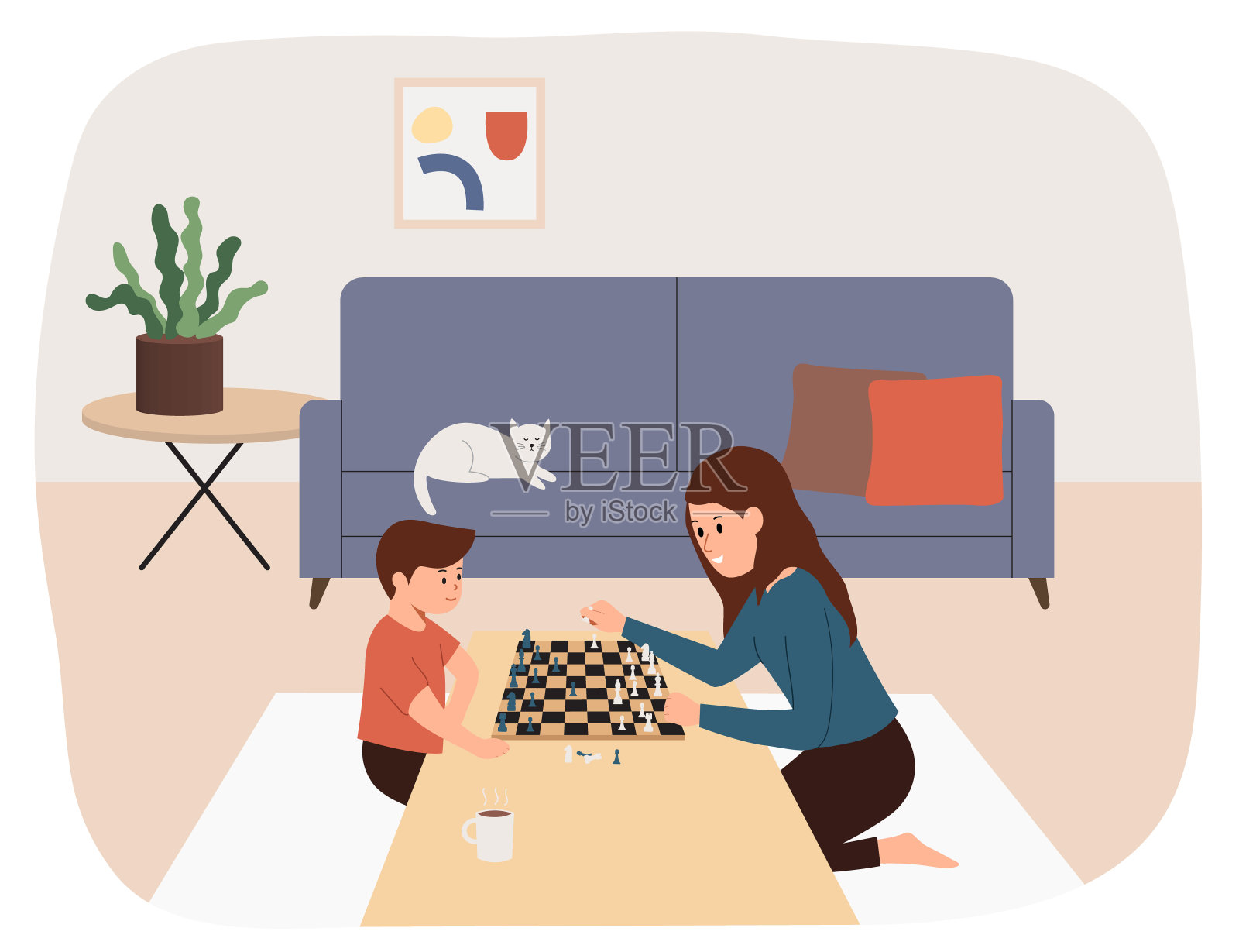 母子在下棋。家庭游戏，周末，家庭气氛。平的插图插画图片素材