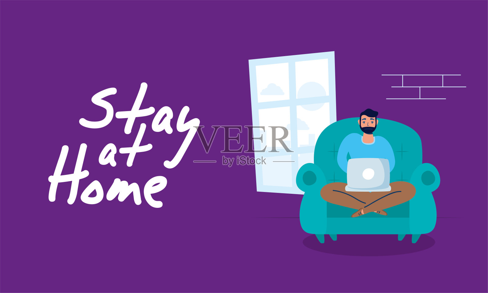 男人在沙发上用笔记本电脑呆在家里运动插画图片素材