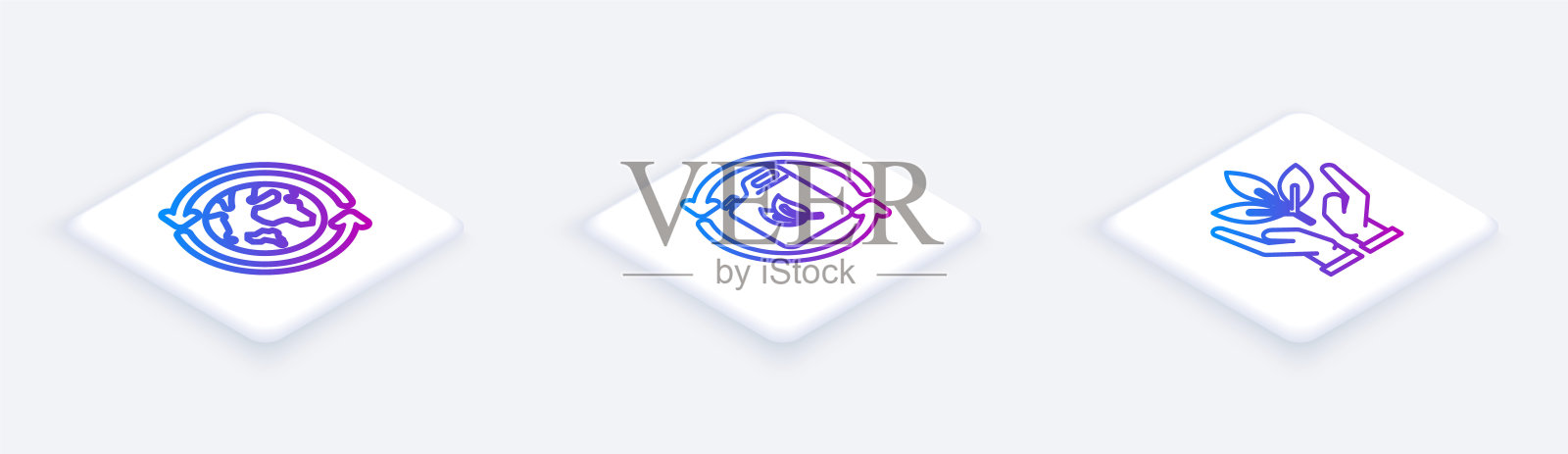 设定地球和地球的等距线回收，生物燃料罐和植物手中的环境保护。白色正方形按钮。向量图标素材