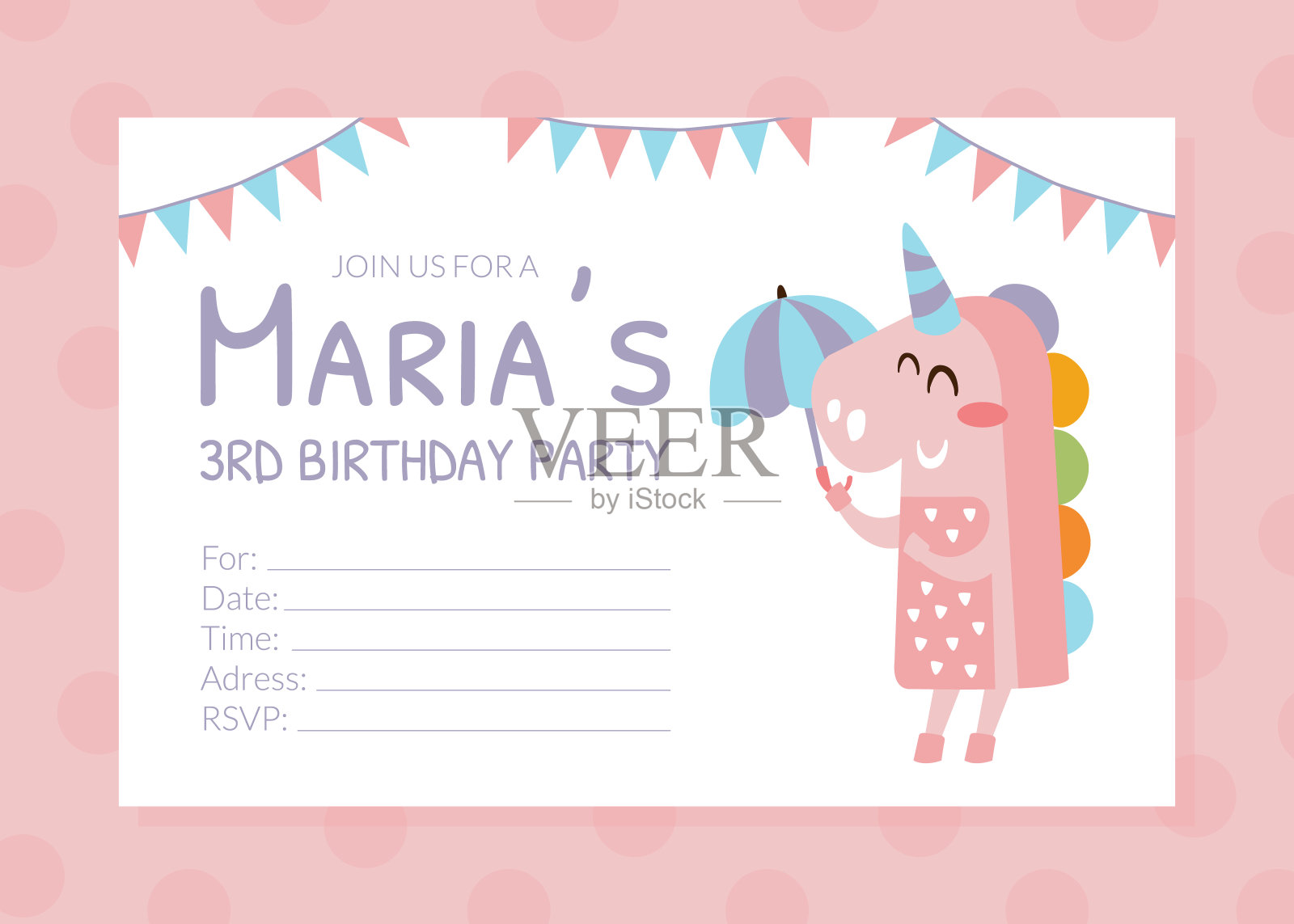 生日聚会粉红色的邀请卡，与可爱可爱的宇宙大帝动物矢量插图的传单模板设计模板素材