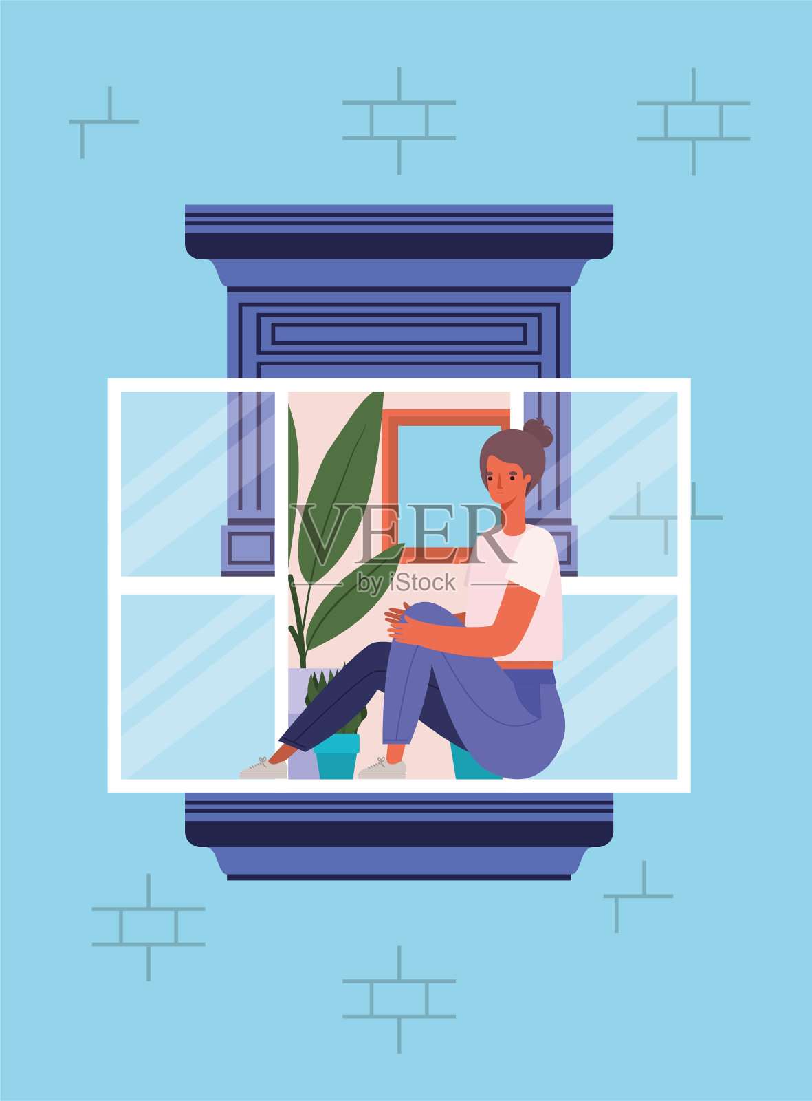 女人看着窗外从蓝色的房子矢量设计插画图片素材