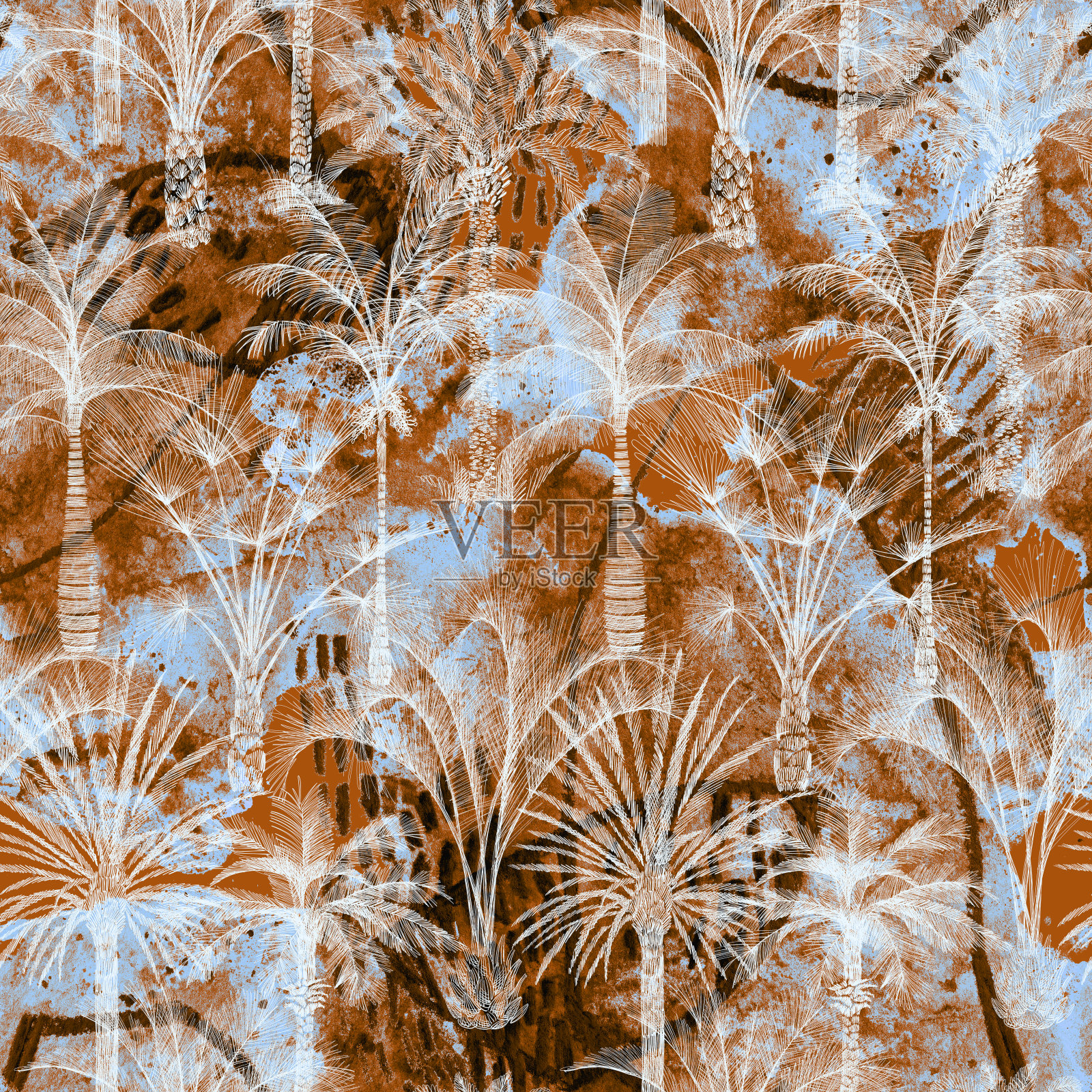 抽象棕榈树无缝图案。假日夏季热带背景抽象垃圾纹理。设计元素图片