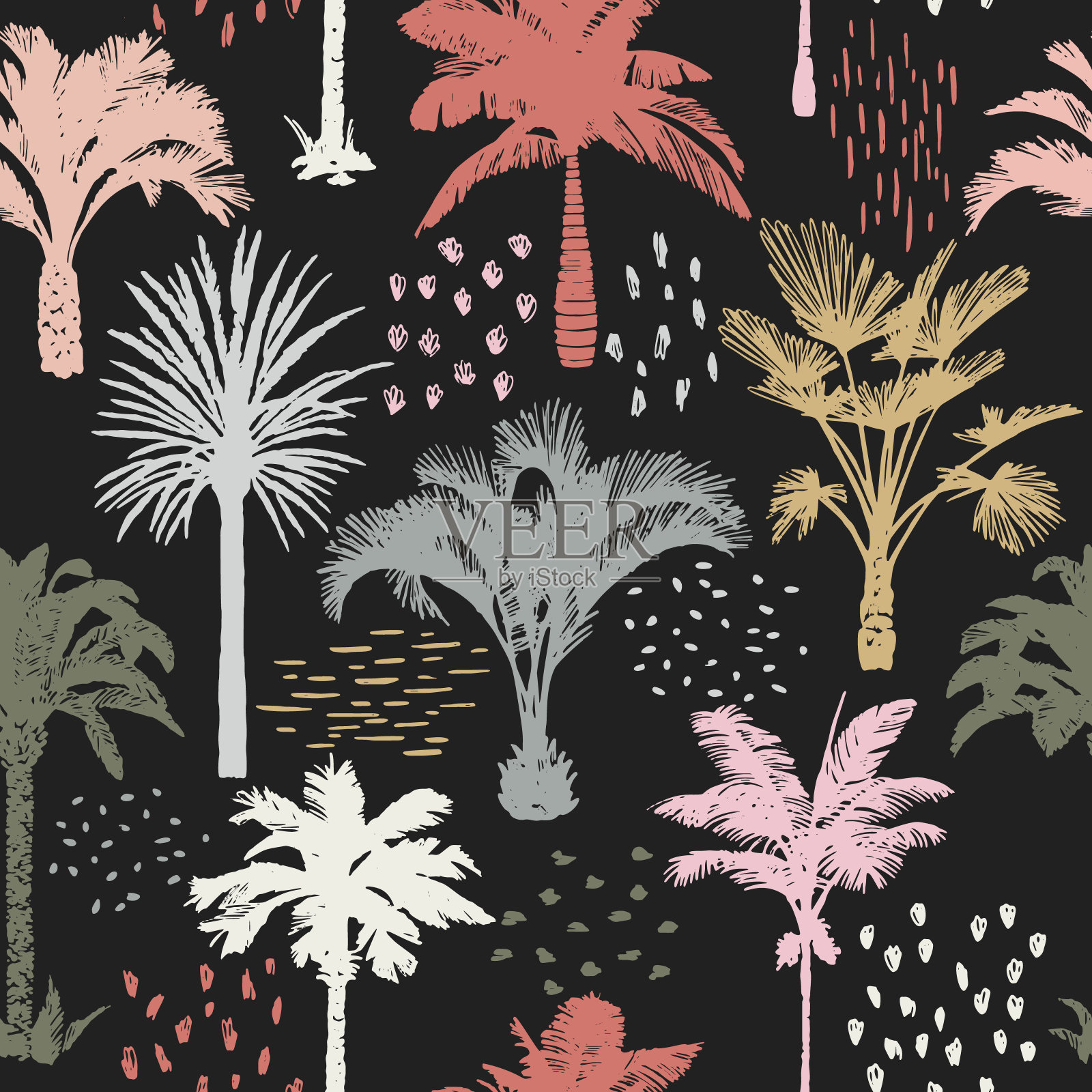 棕榈树无缝图案。假日夏季热带背景。插画图片素材