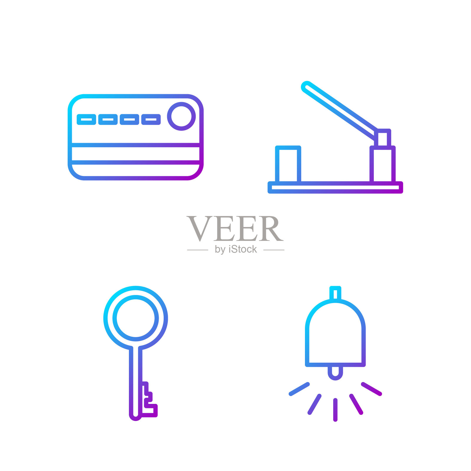 设警铃、旧钥匙、信用卡、停车屏障。渐变颜色图标。向量图标素材