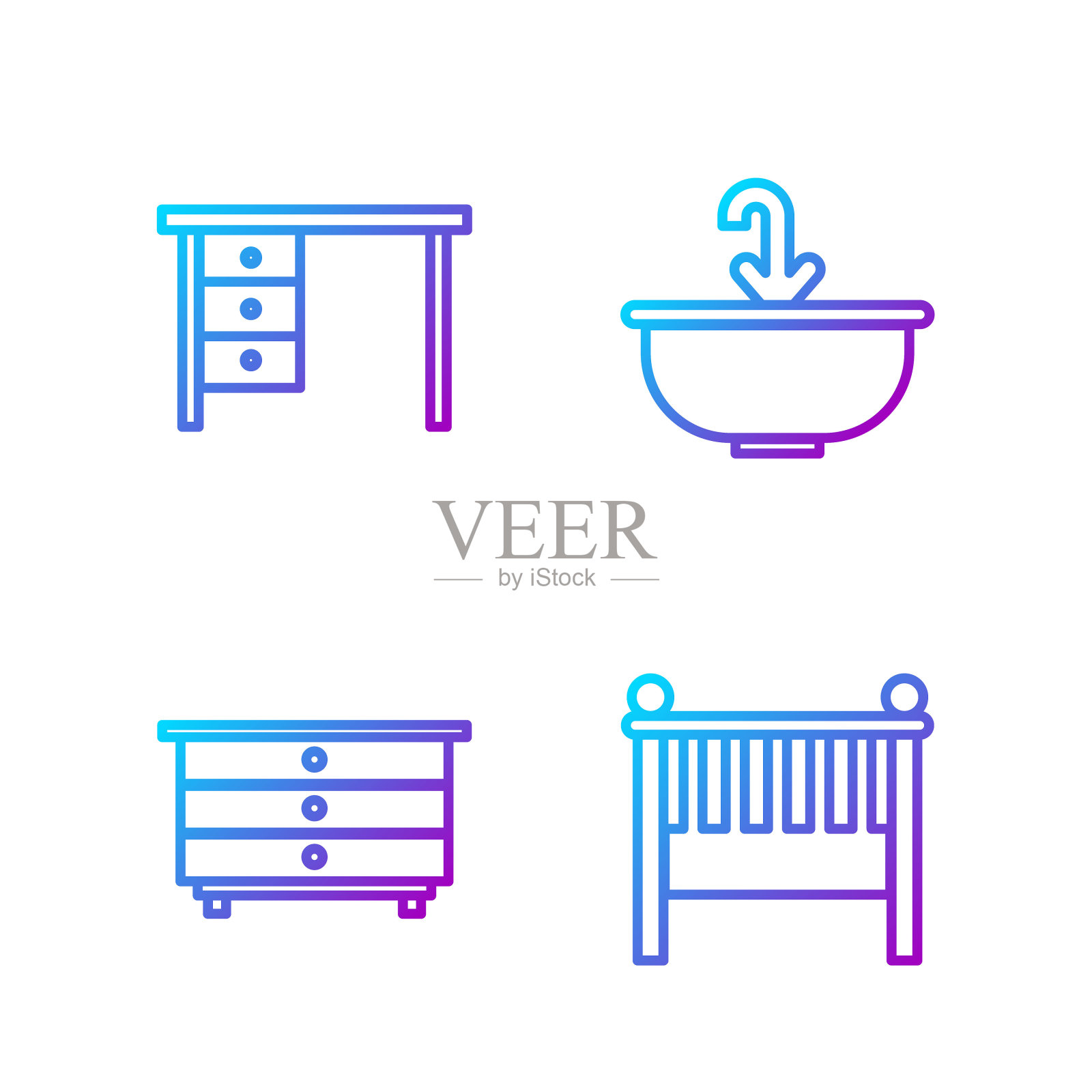 成套婴儿床摇篮床，五斗柜，办公桌，带水龙头的脸盆。渐变颜色图标。向量图标素材