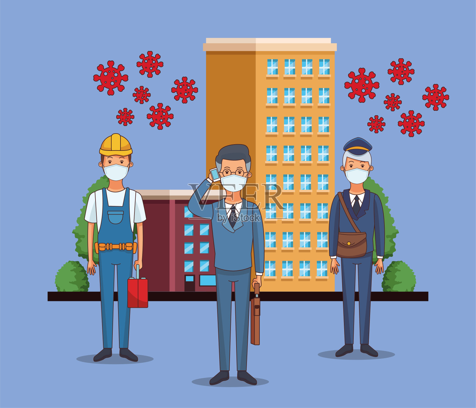 使用口罩应对2019冠状病毒病的工人插画图片素材