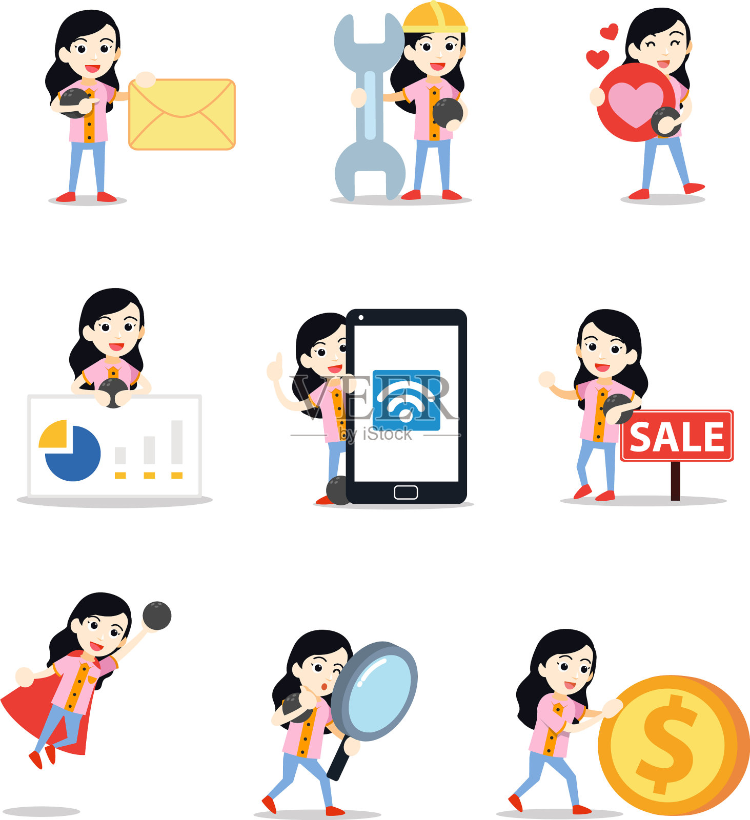 设定角色女子在保龄球比赛图标素材