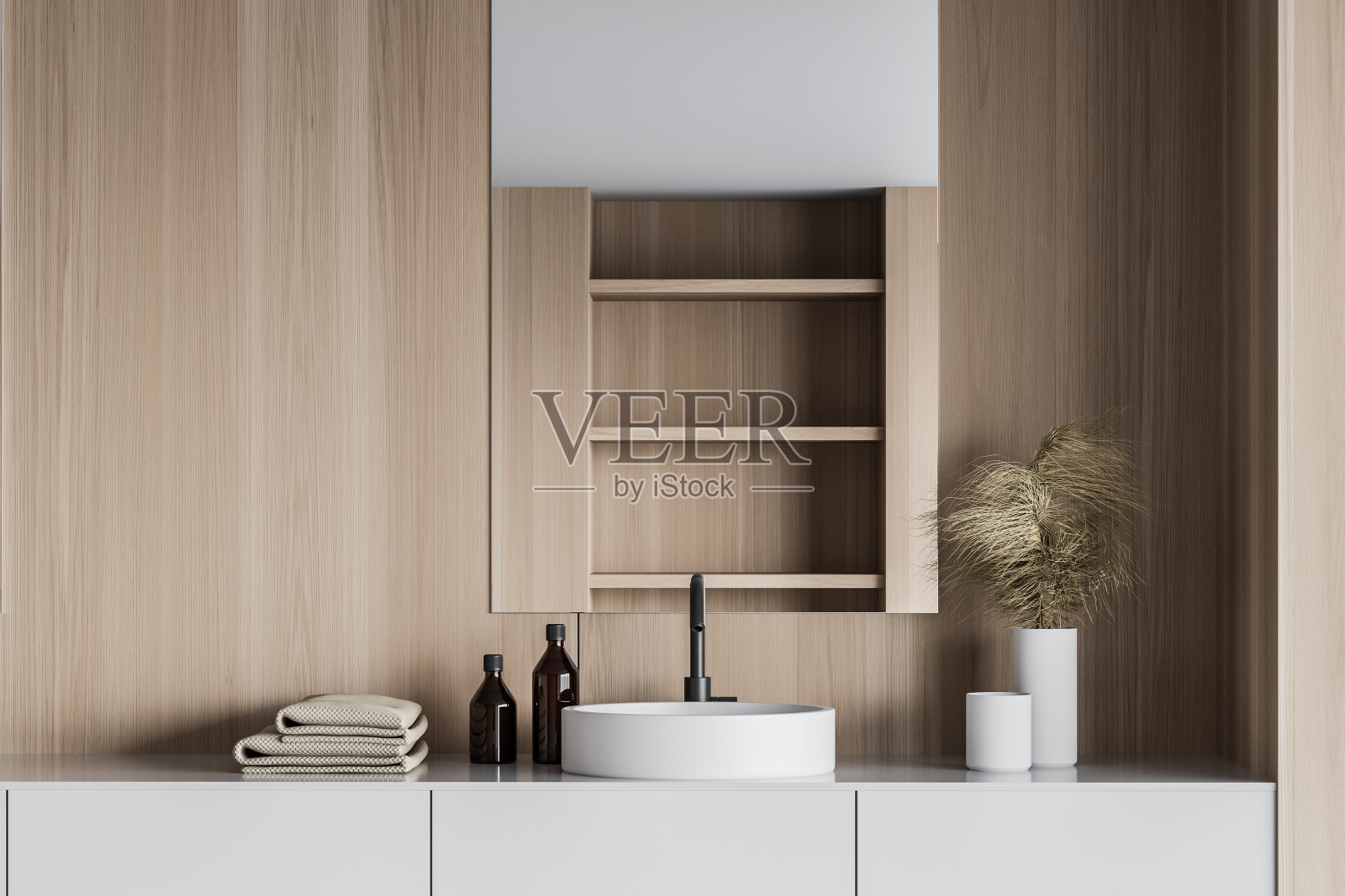 木制浴室内部的圆形水槽照片摄影图片