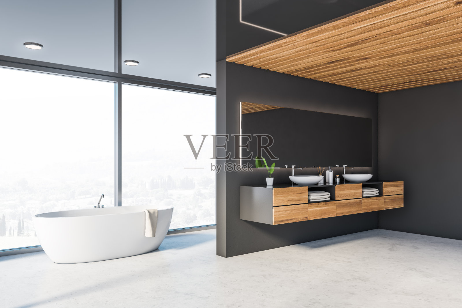 灰色和木制全景浴室角落照片摄影图片