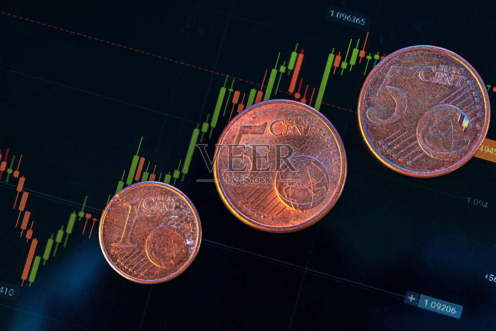 欧元硬币在股票图表上。金融投资的概念。照片摄影图片