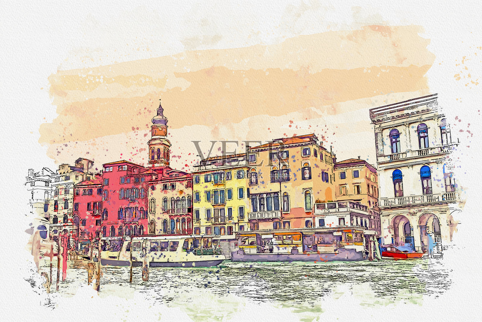 水彩画威尼斯城景是意大利著名的地标。插画图片素材