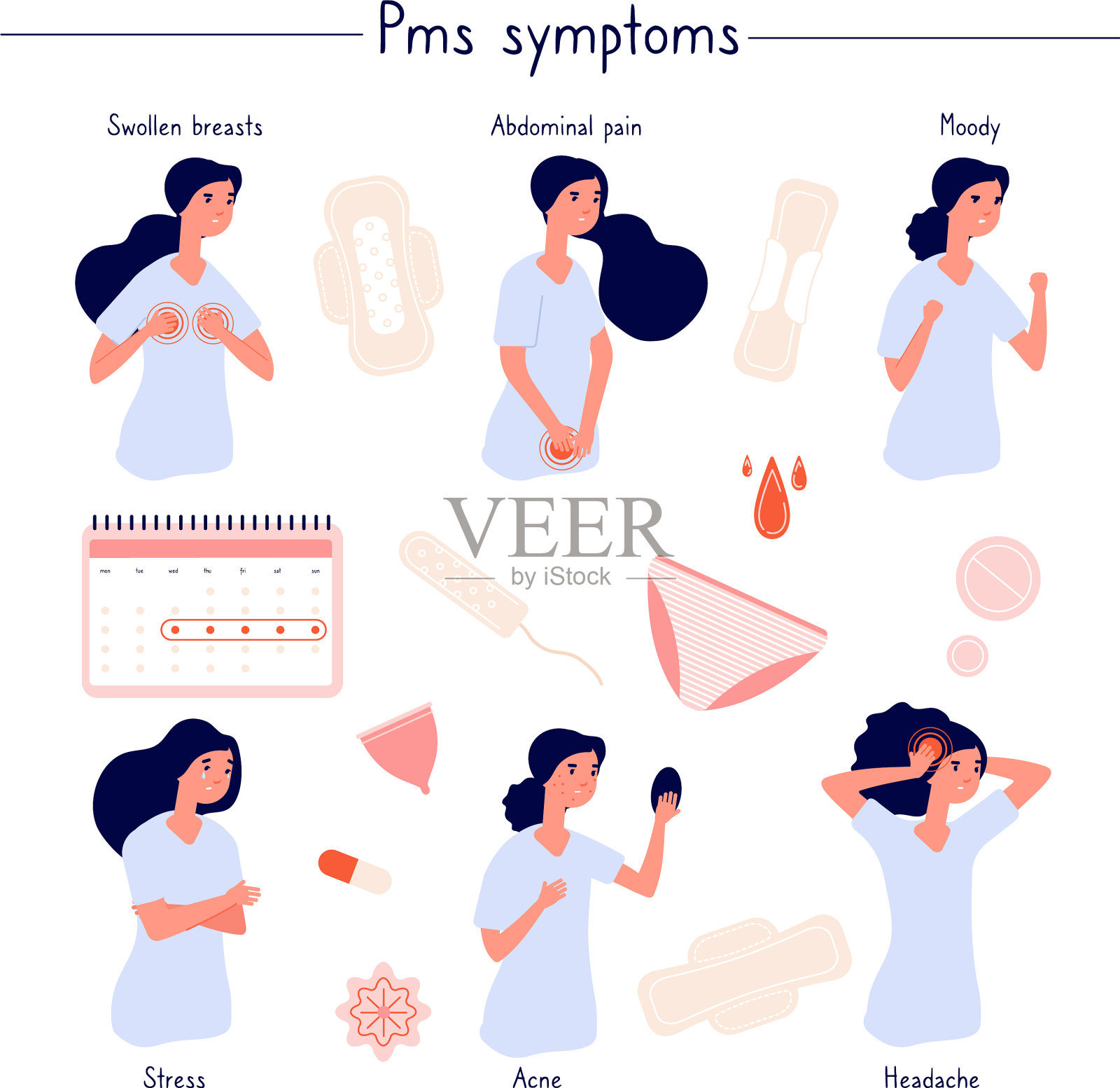 PMS症状女性应激腹痛痤疮插画图片素材