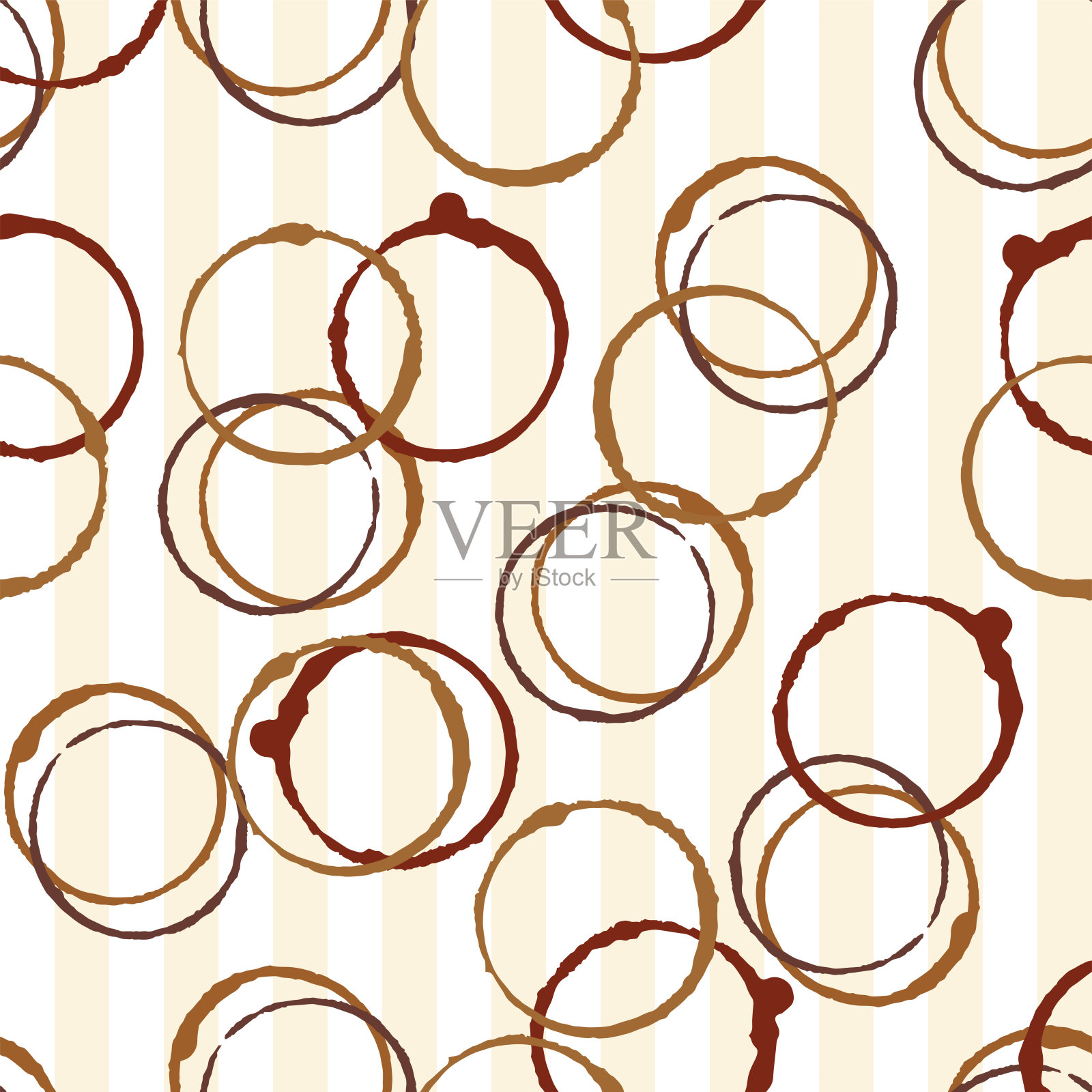 向量棕色和米色咖啡杯污渍无缝模式的米色背景。茶环邮票插图。杯子、杯子和水滴溅到地上。打印菜单，咖啡馆，餐厅，壁纸，礼品纸。插画图片素材