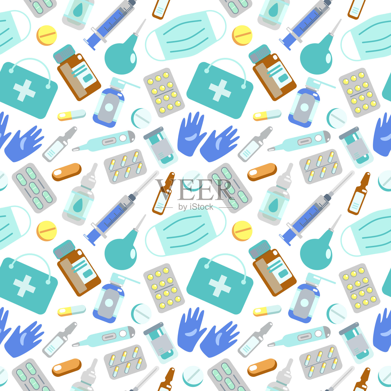 Pattern seamless医疗用品，瓶液，温度计，注射器，灌肠，药片口罩，手套。插画图片素材