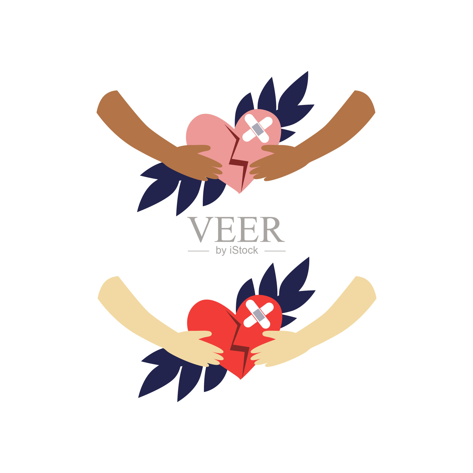 矢量插图一套黑色和白色的手拿着红色的心与伤口和补丁在它。插画图片素材