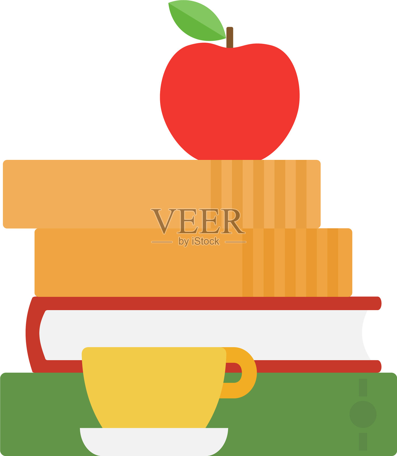 苹果上一堆书，茶杯平孤立设计元素图片