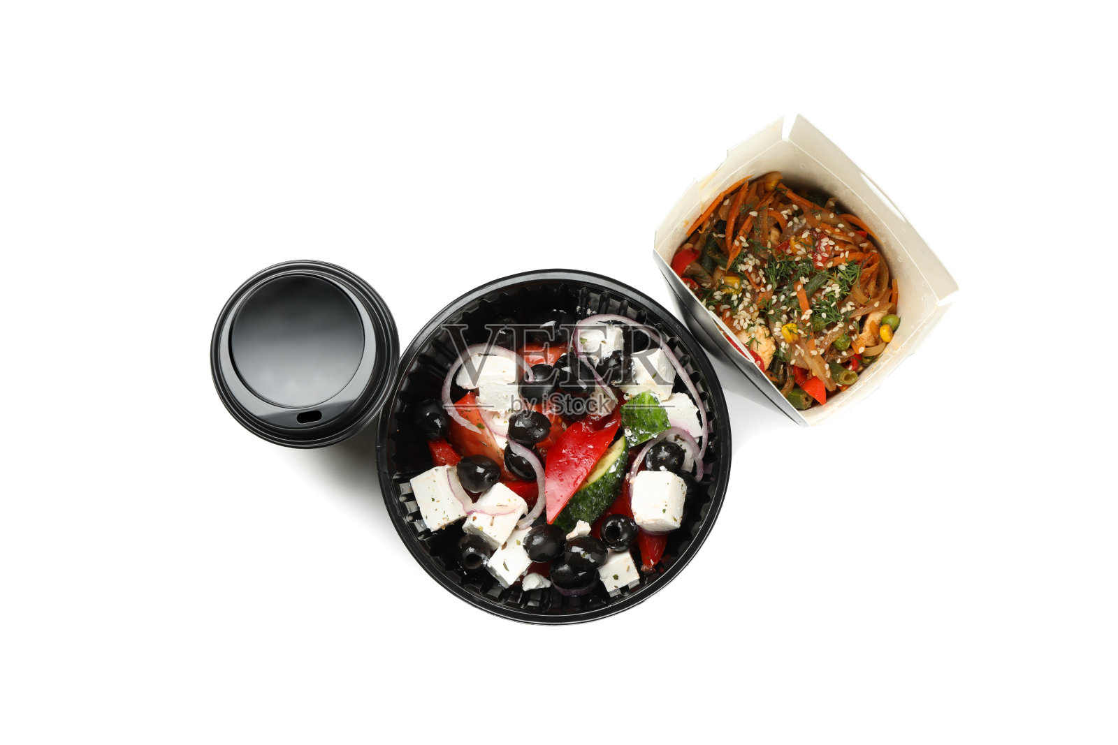 食品交付。外卖盒里的食物被隔离在白色背景上照片摄影图片