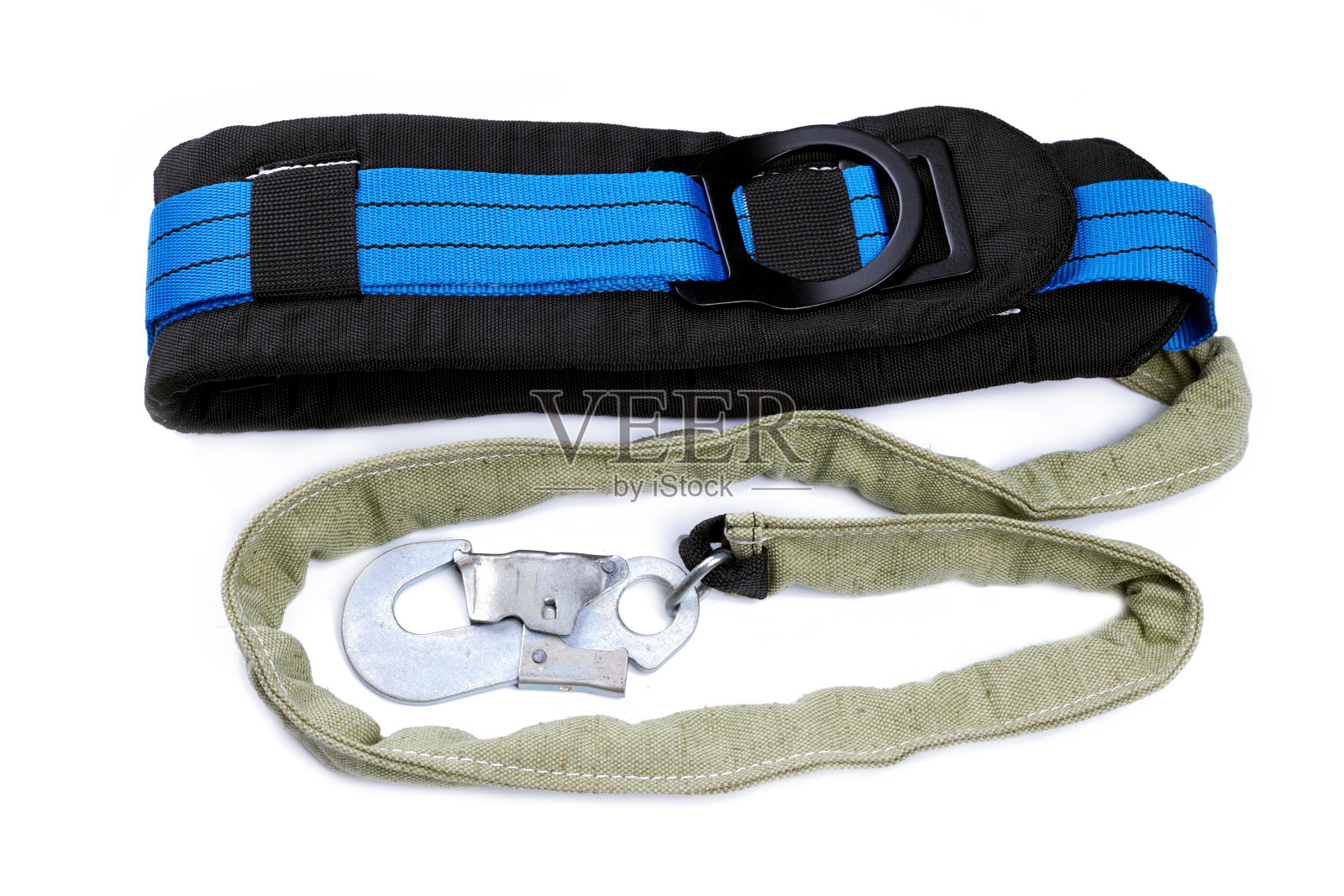 带线带的工业安全吊带。隔离在白色背景上的防护工作服。照片摄影图片